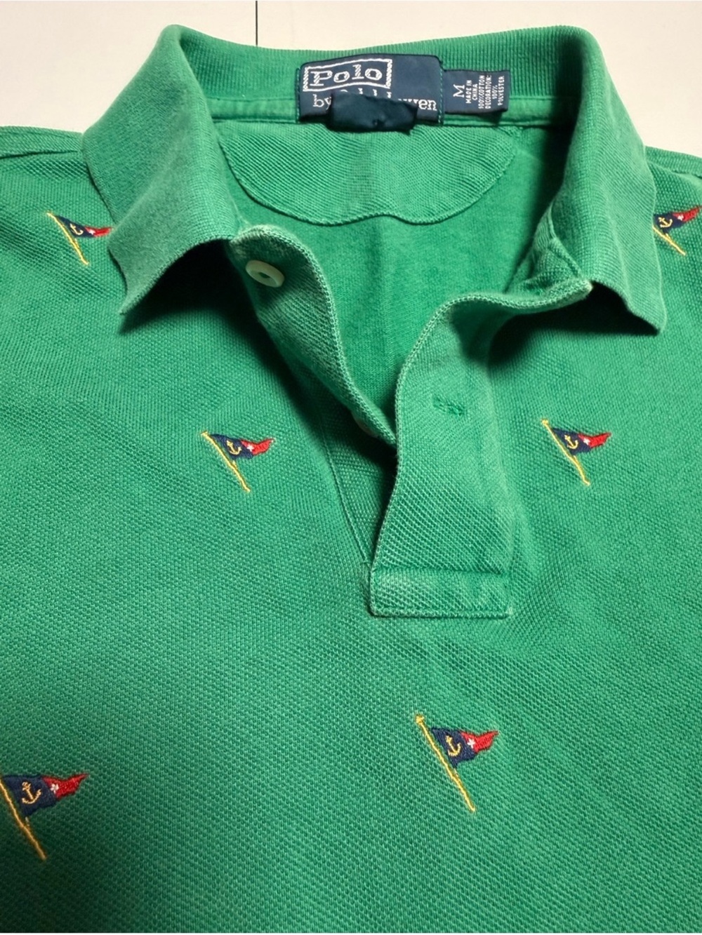 Polo Ralph Lauren Green Pique Polo with Embroidered Nautical Flags